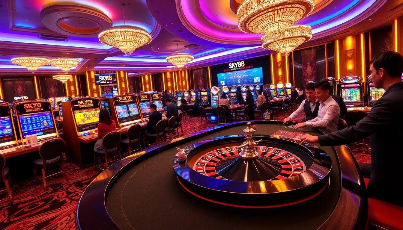 Exciting gameplay at SKY88 casino featuring vibrant slots, poker chips, and roulette tables in a luxurious setting.