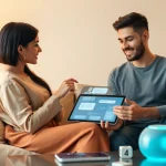 Sexting AI interaction in a cozy modern living room with a couple engaging with a chatbot on a tablet.