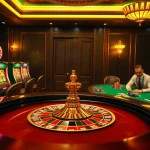 LUCK 8 spotlighting a luxurious casino atmosphere with a roulette wheel and poker players.