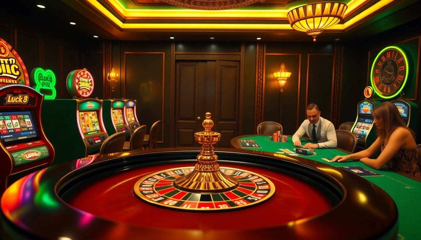 LUCK 8 spotlighting a luxurious casino atmosphere with a roulette wheel and poker players.