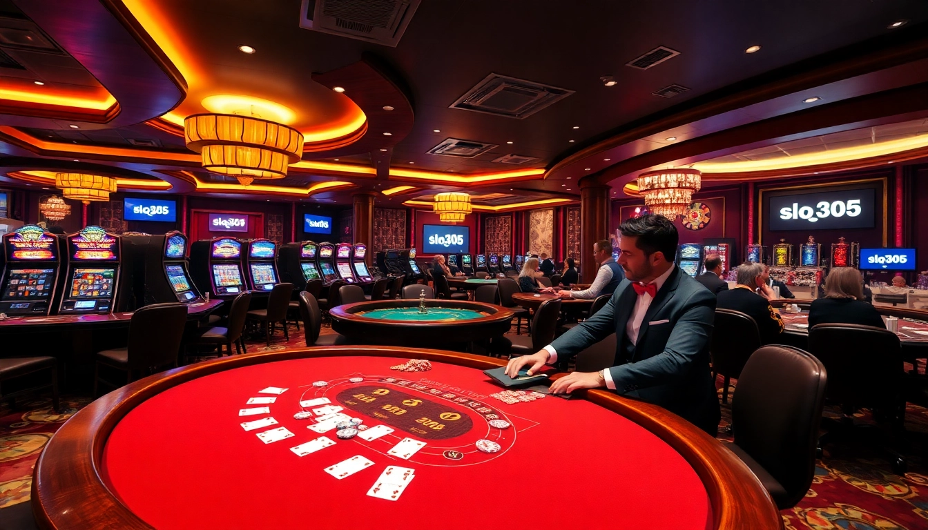Experience the excitement of slo365 as players engage with vibrant slot machines and elegant casino tables.