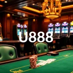 Players engaging in an exciting poker game at the U888 casino table with vibrant slot machines in the background.