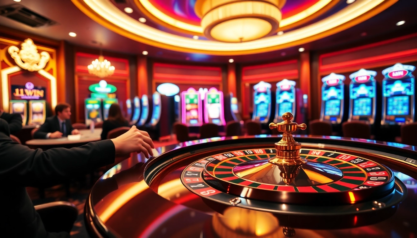 Exciting casino atmosphere with players enjoying games and 11WIN elements present for a thrilling experience.
