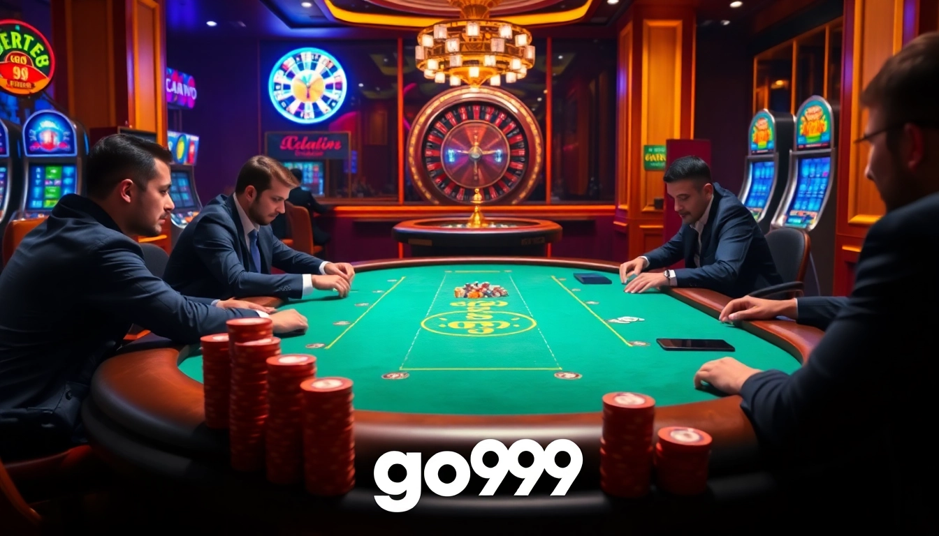 Experience the excitement of the go99 apk at a luxurious poker game with vibrant tables and chips.