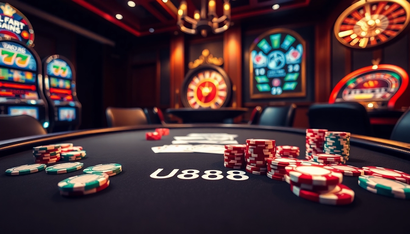 Experience the excitement at U888 with vibrant poker chips and a refined casino atmosphere.