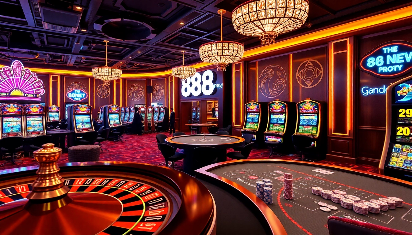 Experience the excitement of 888new with players enjoying a vibrant casino setting featuring slot machines and roulette.
