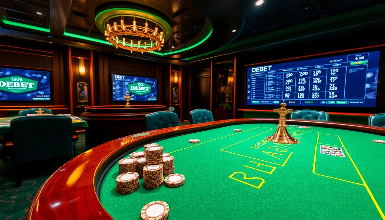 Engaging scene of luxury casino gaming with DEBET betting elements and vibrant atmosphere.