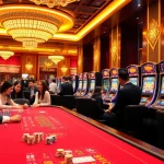 Experience U888's exciting gaming scene with poker chips, vibrant slot machines, and dynamic players.