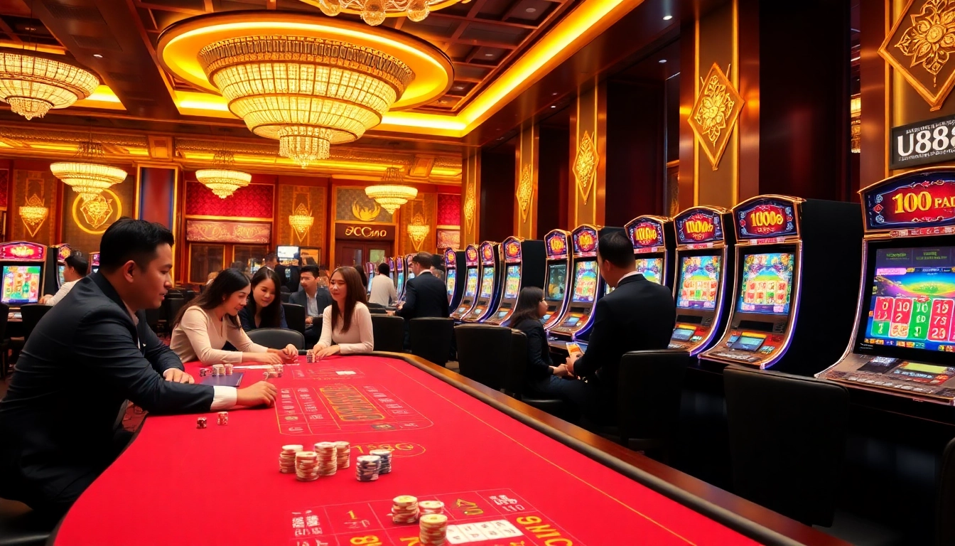 Experience U888's exciting gaming scene with poker chips, vibrant slot machines, and dynamic players.