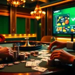 Players engage at a luxurious poker table while betting online at https://vaobet.cn.com/ in a vivid casino scene.