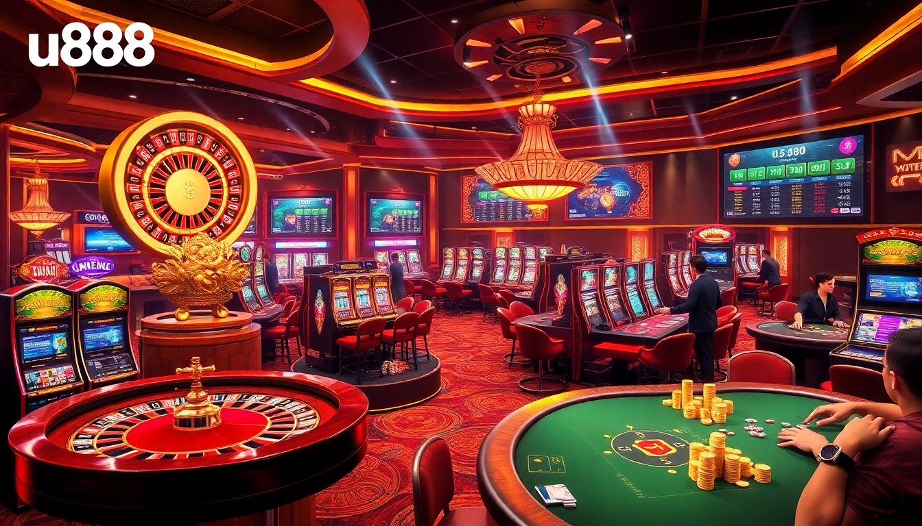 Players winning big at u888 casino with vibrant slots and roulette in a luxurious setting.