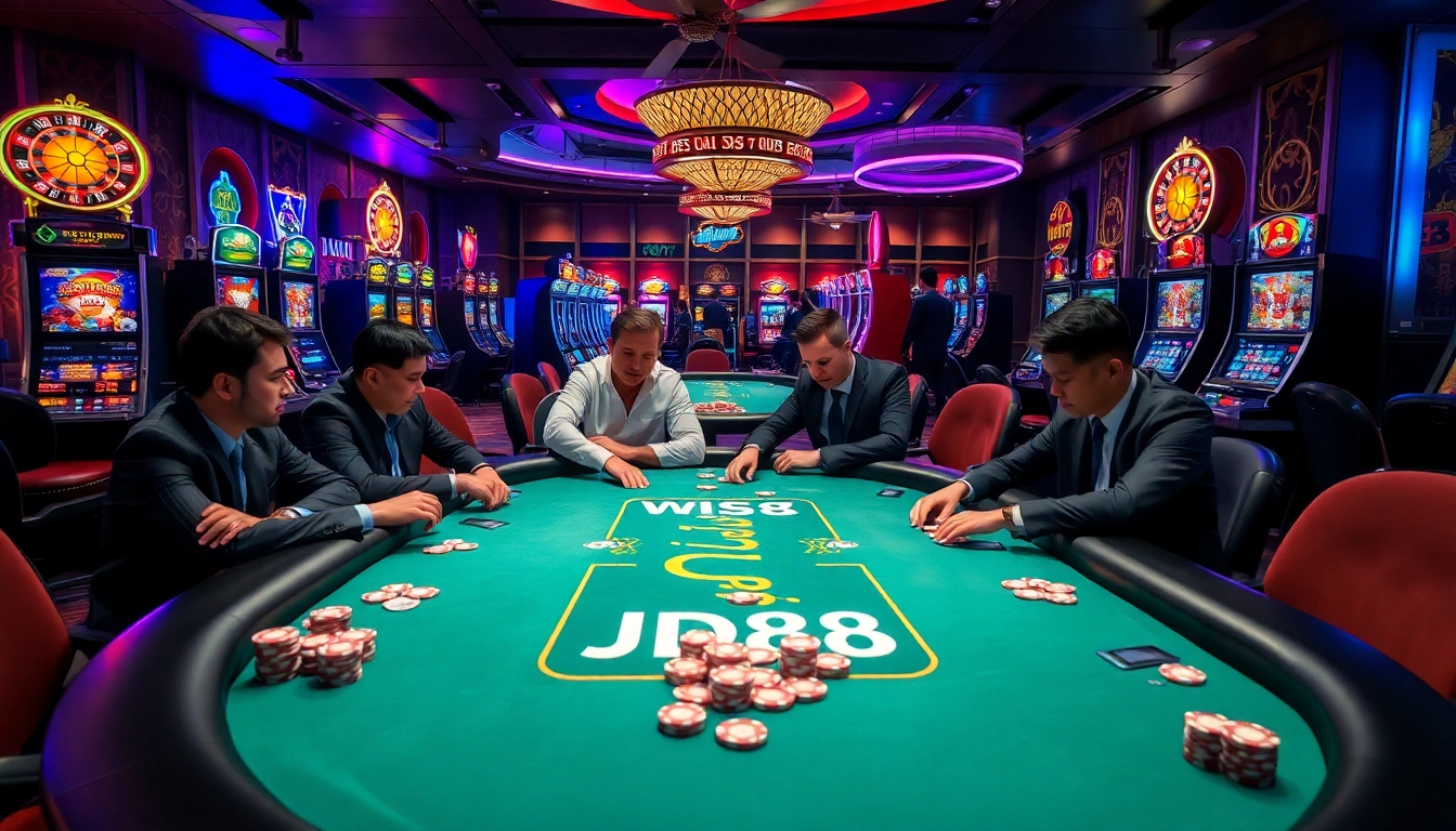 Tham gia vào những ván bài poker đầy kịch tính tại casino JD88, được bao quanh bởi những máy đánh bạc sôi động.