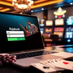 Rajaluck Login interface displayed on a laptop, surrounded by vibrant casino elements like poker chips and slot machines.