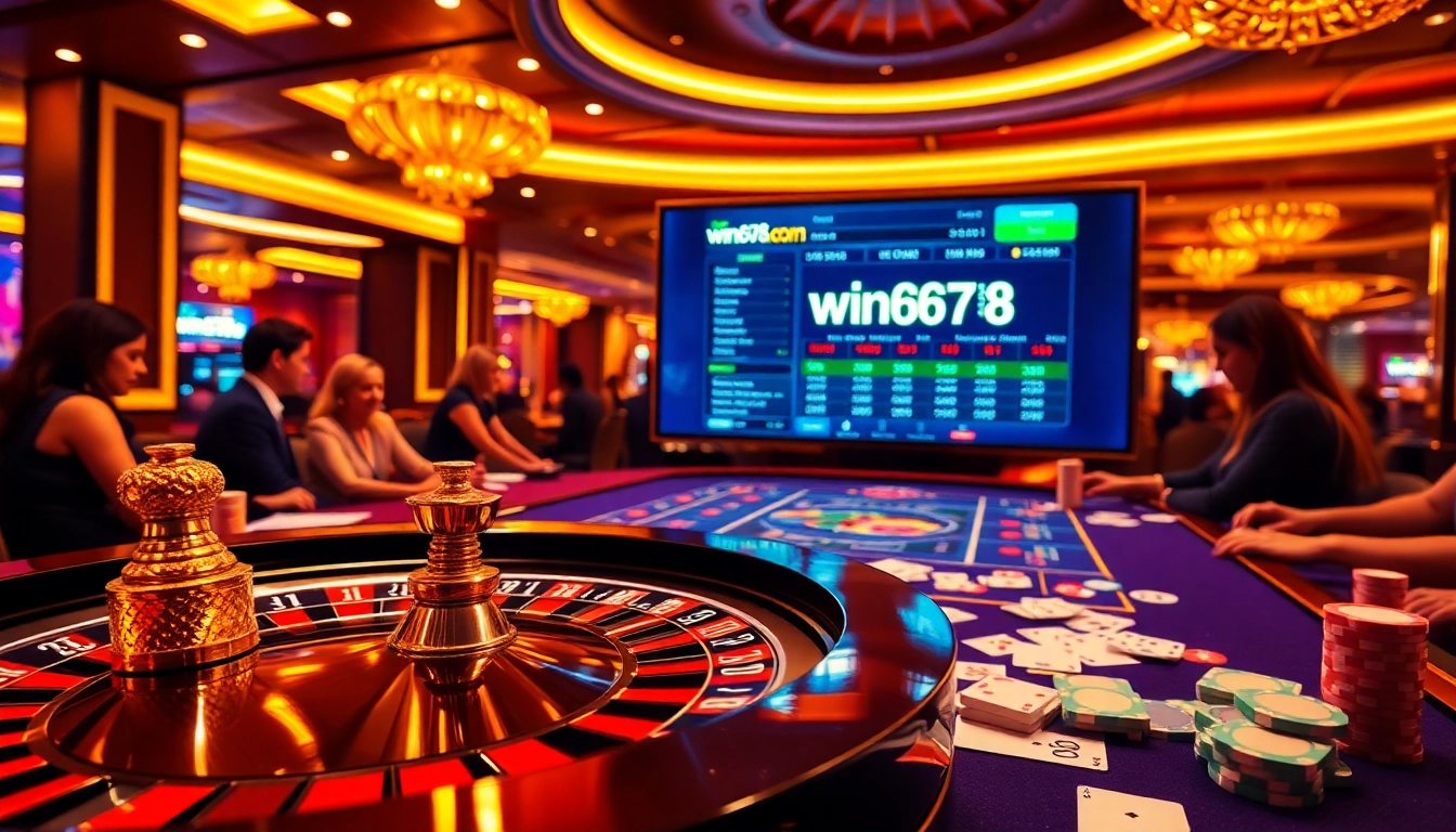 Win678.com offers an exciting casino scene with players engaged in thrilling betting activities.