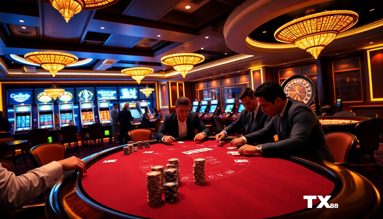 Exciting gameplay at a TX88 poker table with high-stakes players and vibrant casino atmosphere.
