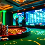 An immersive casino experience at https://888new.jpn.com/ with poker chips, roulette wheel, and dealers.