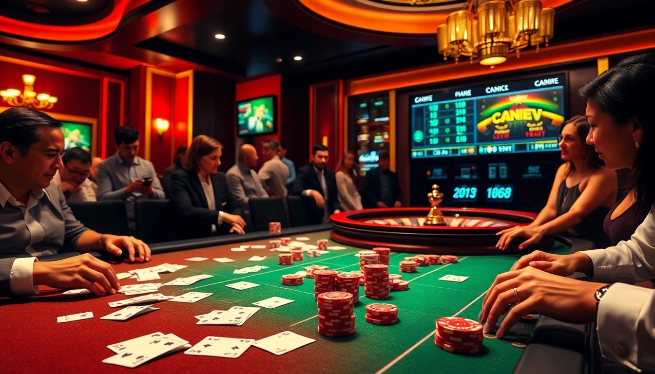 Players enjoying games at C168 casino with vibrant tables and roulette wheel, showcasing the excitement of gambling.