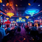 69VN online casino showcasing vibrant games and excited players in a modern digital environment.