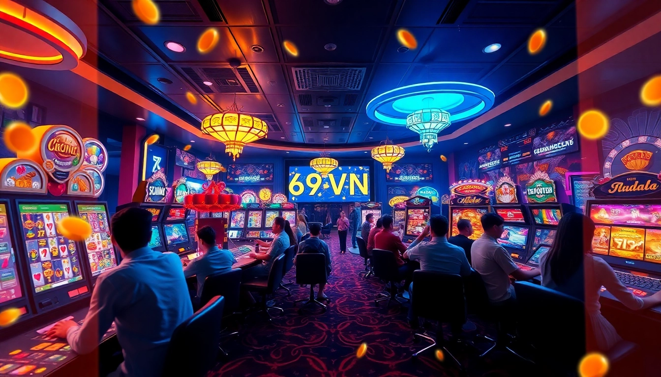 69VN online casino showcasing vibrant games and excited players in a modern digital environment.