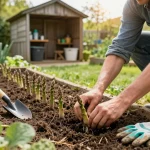 Gardener planting asparagus in a lush garden bed, showcasing asparagus moestuin cultivation.