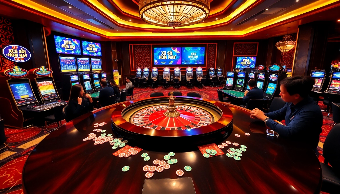 Xổ số hôm nay results are celebrated in an elegant casino scene featuring roulette tables and poker chips.