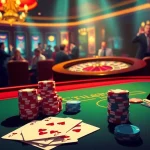 The hidden wiki inspired vibrant casino scene with poker tables, chips, and roulette wheel.