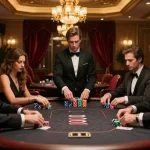 MAX88 players engaging in an intense high-stakes poker game, showcasing gambling strategy and excitement.