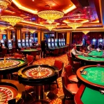 Players enjoying games at DOLA88 CLUB, showcasing luxury casino tables and slot machines.
