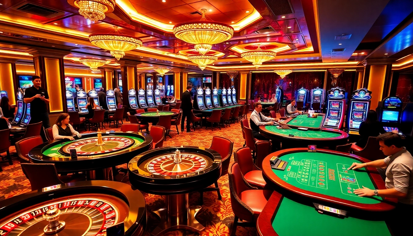 Players enjoying games at DOLA88 CLUB, showcasing luxury casino tables and slot machines.