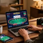 LC88 player engaging in live dealer poker from a stylish home setup, showcasing strategic gameplay.