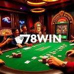 Engage in thrilling poker action at 78WIN with vibrant chips and cards on a luxurious table.