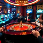 Engaging casino players at a roulette table with RR88 branding in a luxurious environment.