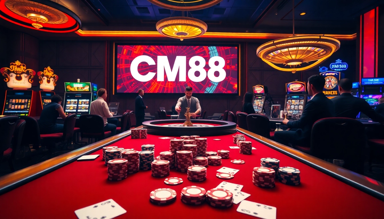 A gambler winning at a poker table in a luxurious casino, with the keyword CM88 highlighting the excitement of the scene.