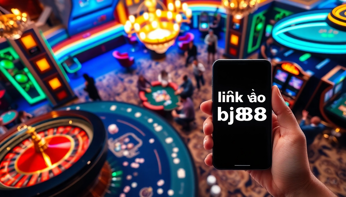 Experience the excitement of gambling at BJ88 with this vibrant casino scene, highlighting link vào bj88.