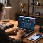 cm88 online sports betting setup with odds displayed on laptop and strategy notes nearby.