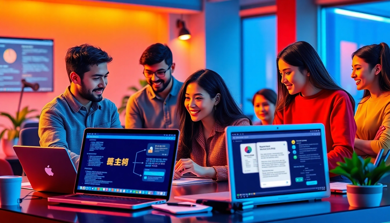 Team using 有道 translation tools in a modern workspace setting