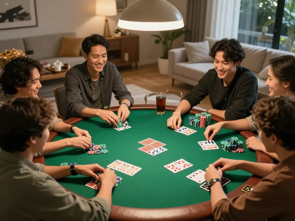 Friends enjoying strategic gameplay at a home poker night with Nhà cái 88bet in a cozy setting.