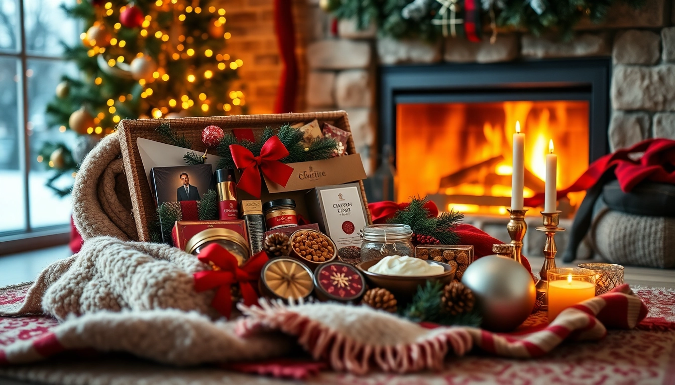 Feestelijk kerstpakket gevuld met gourmand lekkernijen en gezellige accessoires voor Kerstmis.