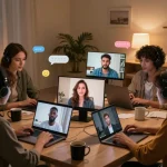 Engaging sex chat scene with diverse avatars chatting in a cozy digital room.
