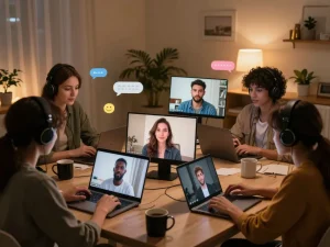 Engaging sex chat scene with diverse avatars chatting in a cozy digital room.