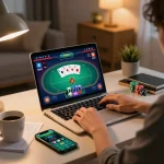 Link nhà cái Da88 portrayed with a player engaged in online poker strategy using a laptop and smartphone.