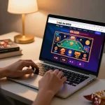 Engaging in online games with nhà cái bl555 using a laptop, focused on strategy and enjoyment