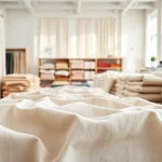 Linnen stoffen op een elegante manier gepresenteerd in een zonovergoten showroom.