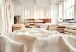 Linnen stoffen op een elegante manier gepresenteerd in een zonovergoten showroom.