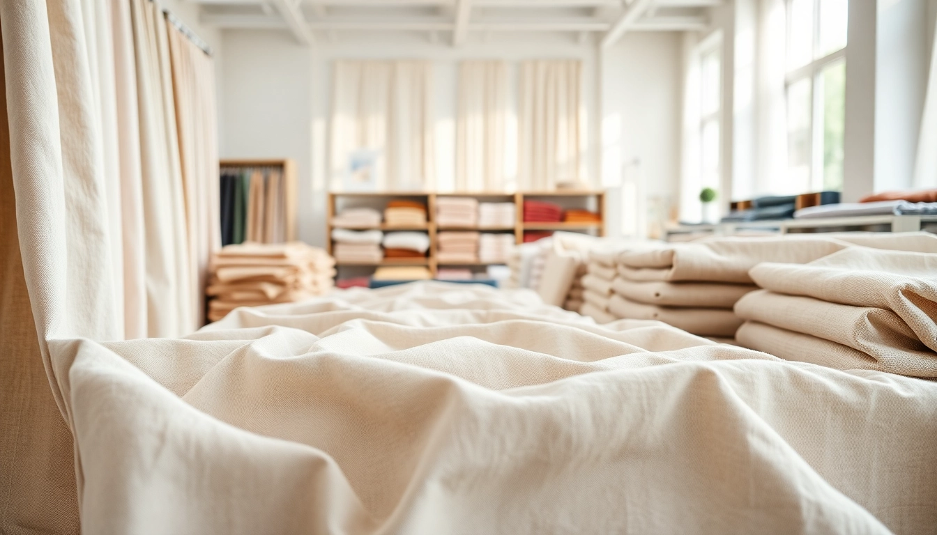 Linnen stoffen op een elegante manier gepresenteerd in een zonovergoten showroom.