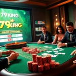 Experience thrill at 79KING's luxurious poker table where players engage in high-stakes betting.
