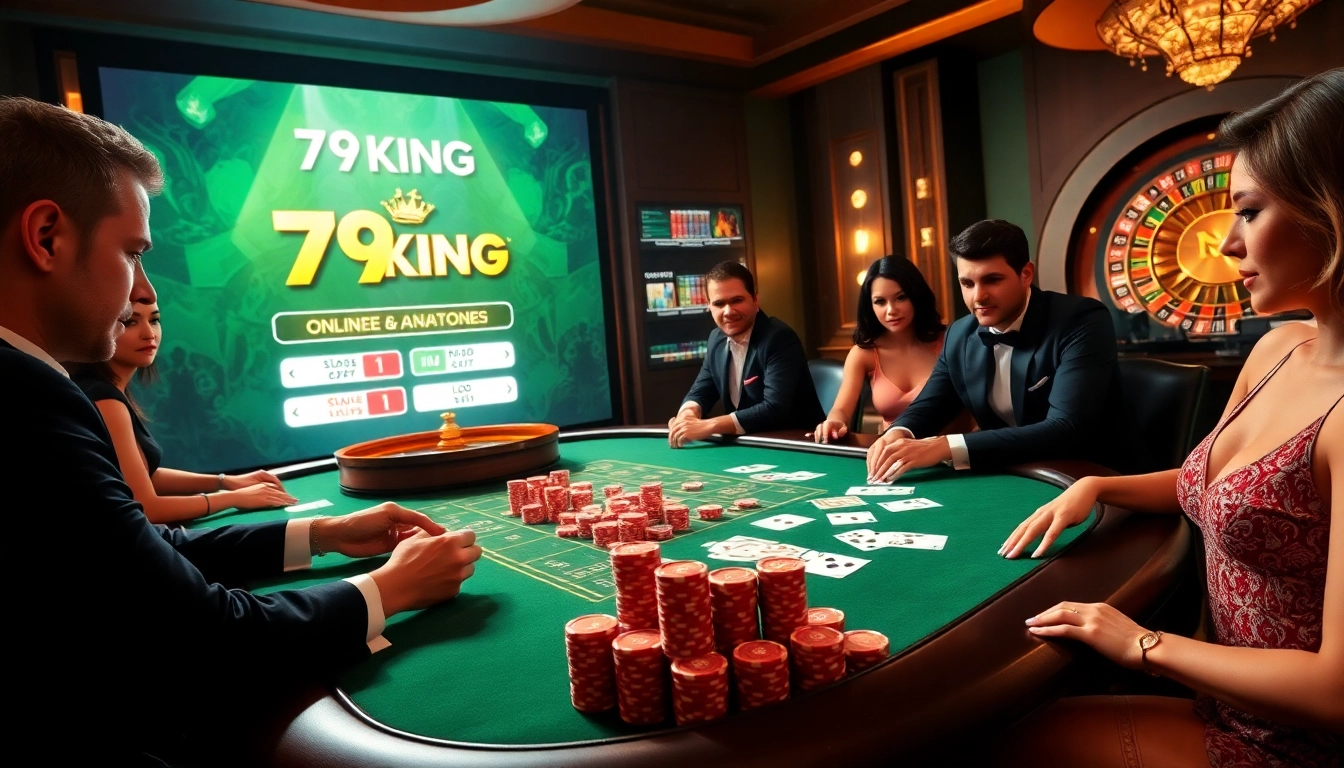 Experience thrill at 79KING's luxurious poker table where players engage in high-stakes betting.