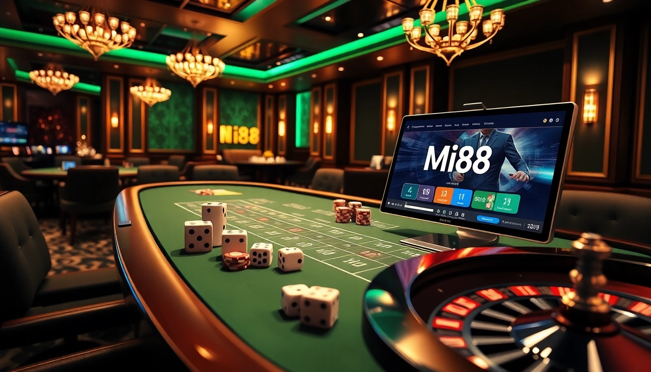 Engage with the thrilling link vào mi88 through a vibrant online casino interface showcasing poker tables and roulette wheels.