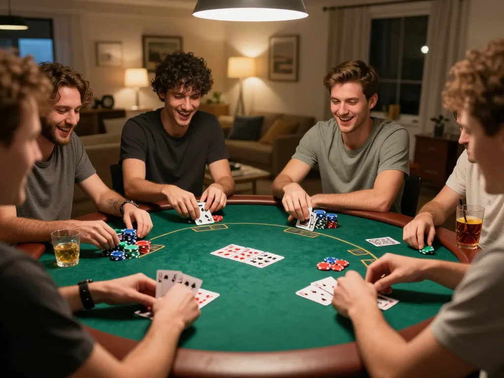 Enjoying a lively poker game night with friends, showcasing strategic decision-making and excitement in a cozy setting centered around aa888.