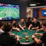 Exciting NET88 betting scene with diverse players engaged in live sports betting atmosphere